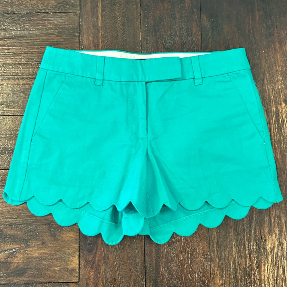 J. Crew Scalloped High Waist Shorts in Teal Green